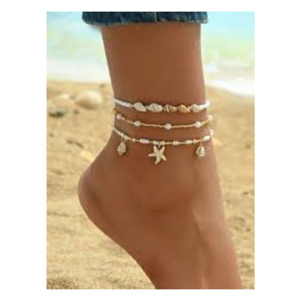 Bohemian Shells & White Turquoise Ankle Bracelets Stackable Hawaiian Vaca-Vibe